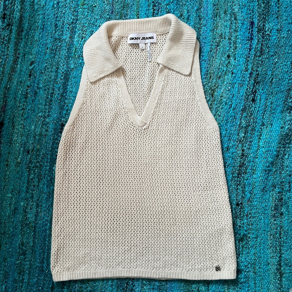 DKNY Women's Collared V Neck Chunky Knit Sweater Vest Ivory Size L NWT